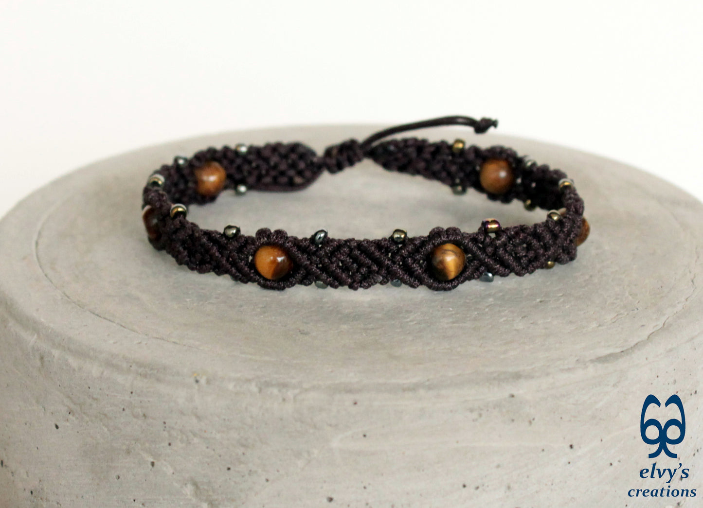 Macrame Brown Adjustable Beaded Bracelet with Tiger Eye Natural Gems for Men & Women Tribal Collection