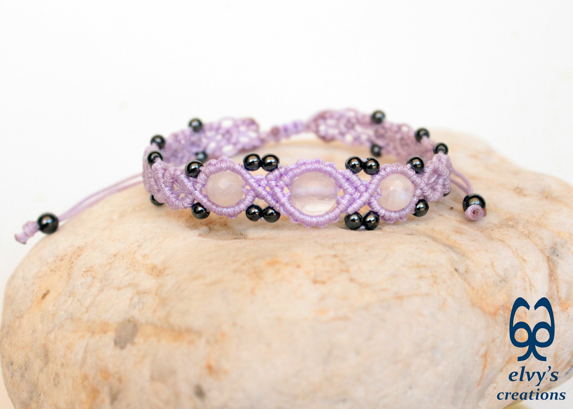 Purple Beaded Macrame Cuff Bracelet With White and Blue Quartz and Gray Hematite Gemstones Bracelet Gift for her