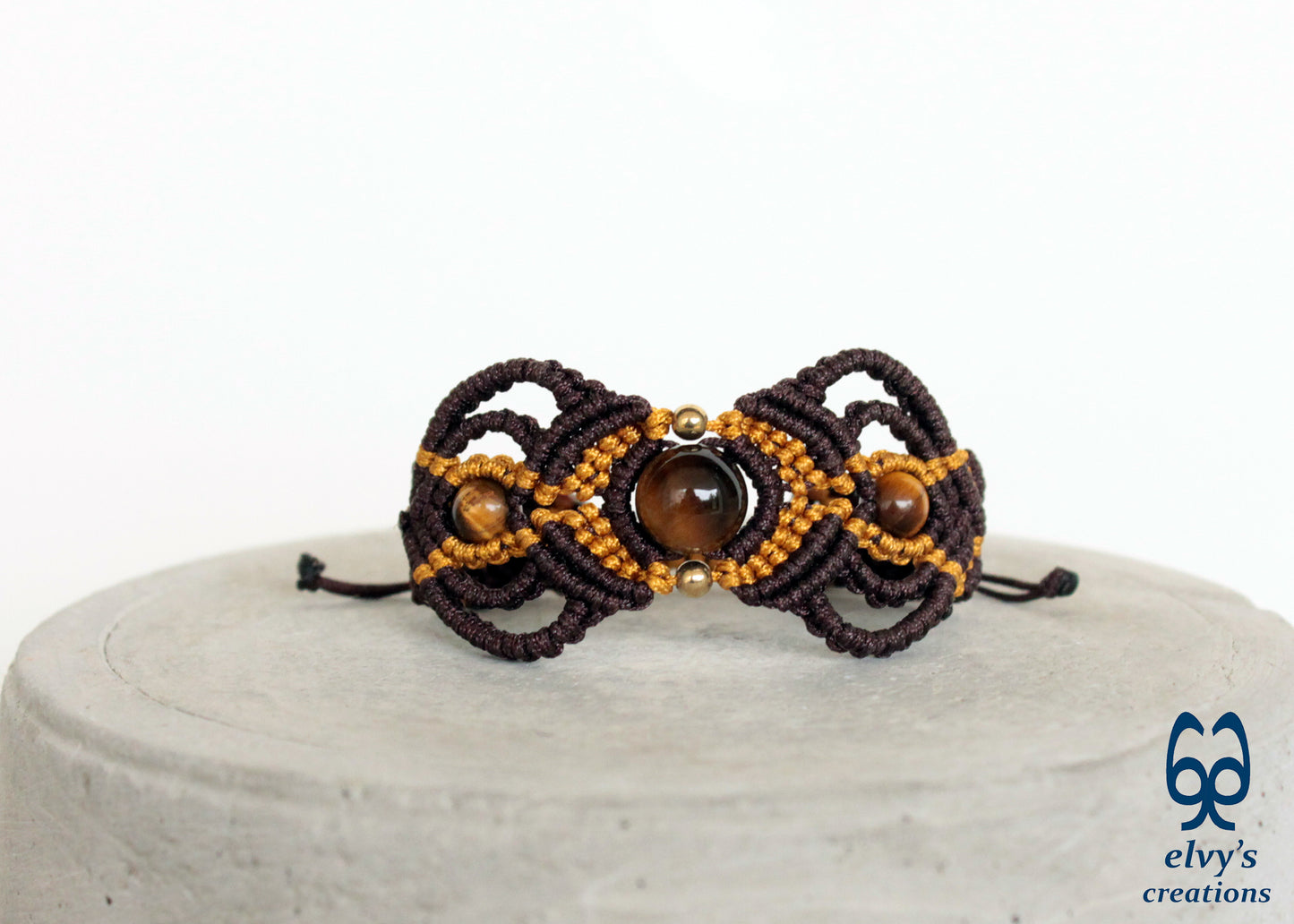 Brown and Gold Macrame Tiger Eye and Hematite Beaded Bracelet Gift for Men or Women Nature Wildlife Collection